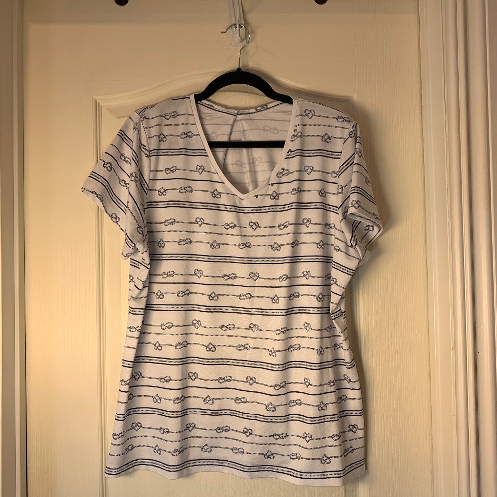 Nautical V-Neck Women’s XL Top Blue White Rope Knot‎ Print Metallic Neckline